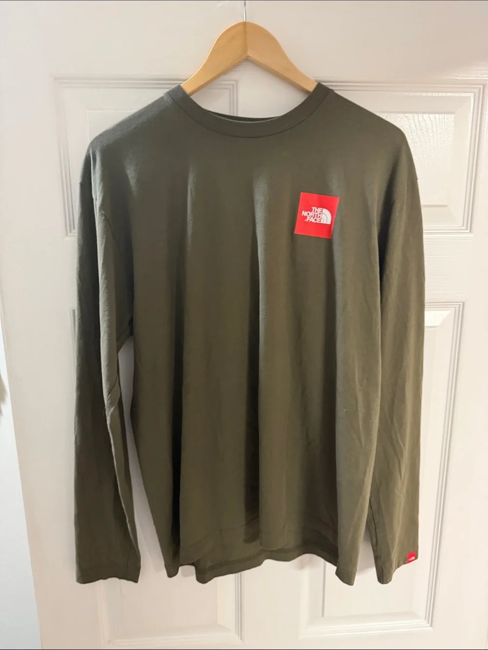 The North Face Olive Green Long Sleeve Logo Tee with Red Patch